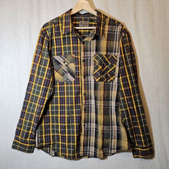 R. Sole Mens 2XL Mixed Print Plaid Yellow Green Blue Long Sleeve Streetwear - Picture 1 of 9